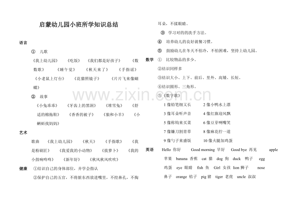 启蒙幼儿园小班所学知识总结.doc_第1页