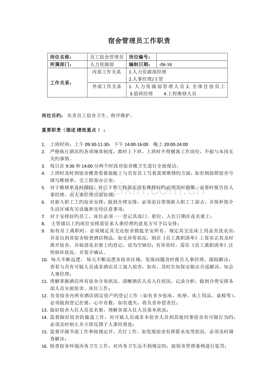 酒店宿舍管理员工作职责.docx_第1页