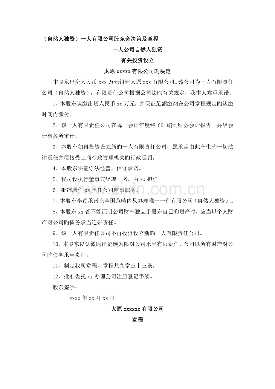 一人公司自然人独资官方模板.doc_第1页
