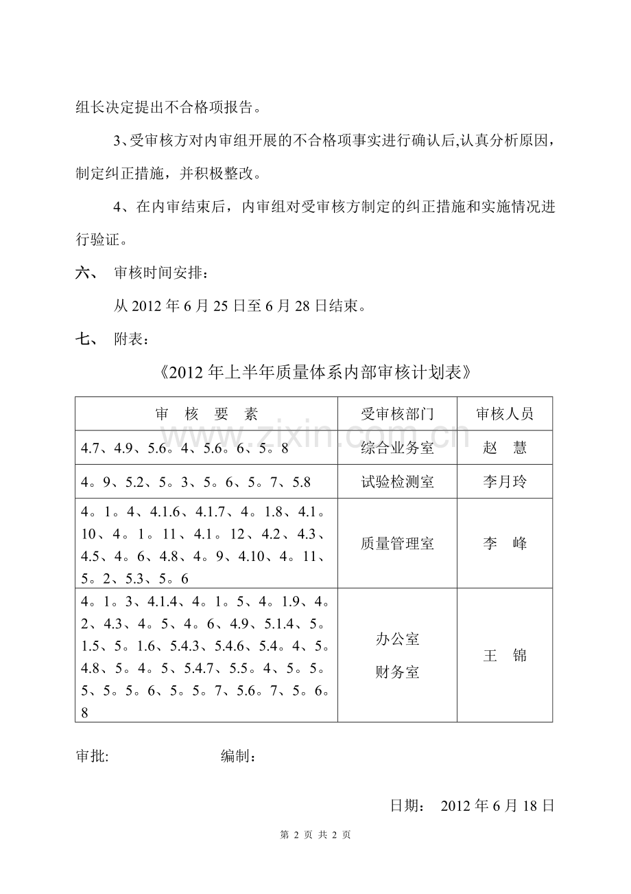 质量体系内部审核工作计划.doc_第2页