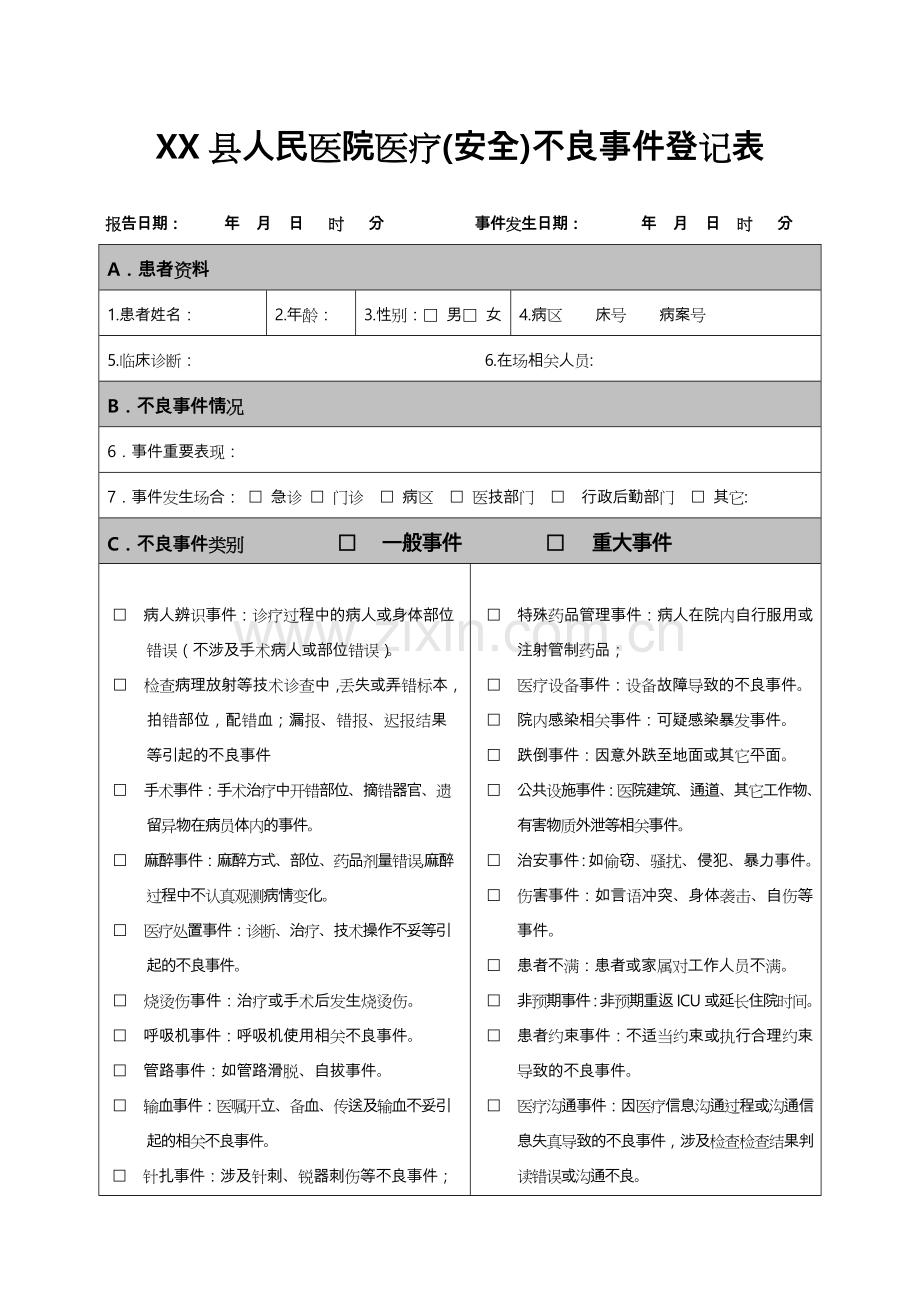 医疗安全不良事件登记表格模板.doc_第1页
