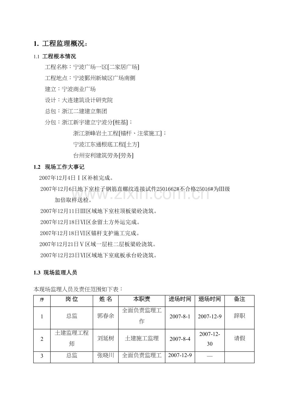 宁波万达广场一区（二期家居广场）工程监理月报.docx_第1页