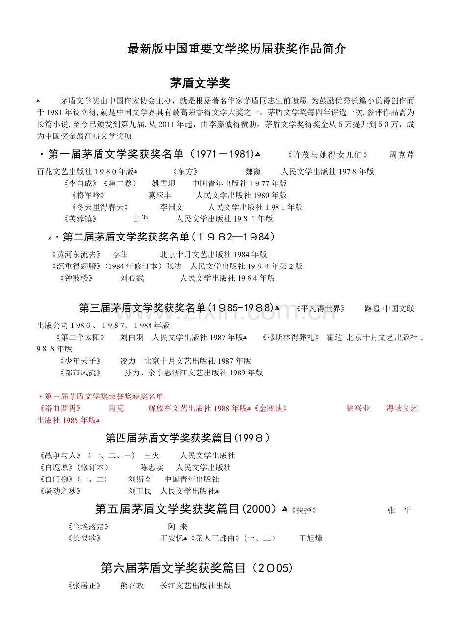 中国重要文学奖历届获奖作品简介(版).doc_第1页
