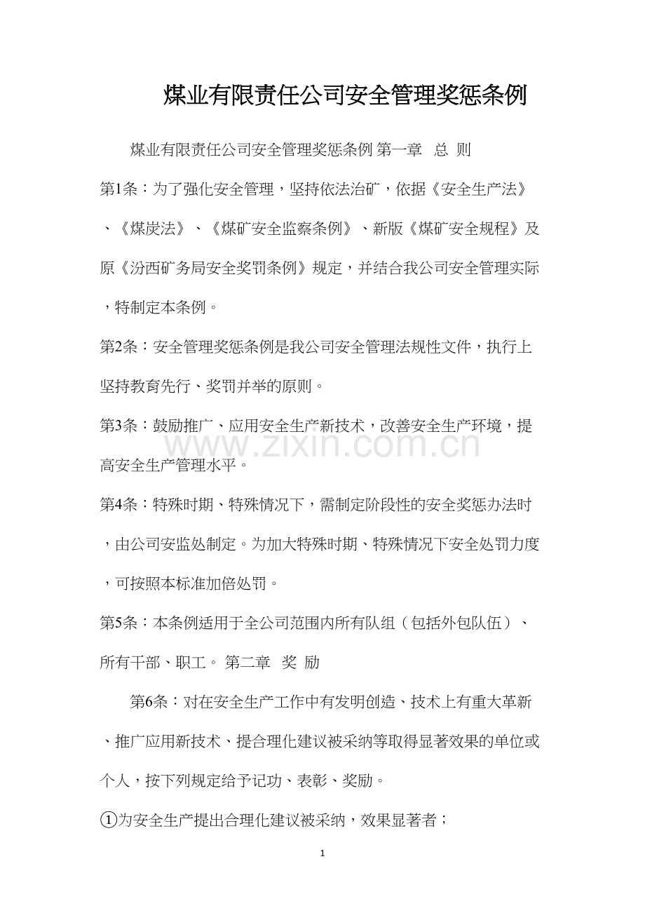 煤业有限责任公司安全管理奖惩条例.docx_第1页