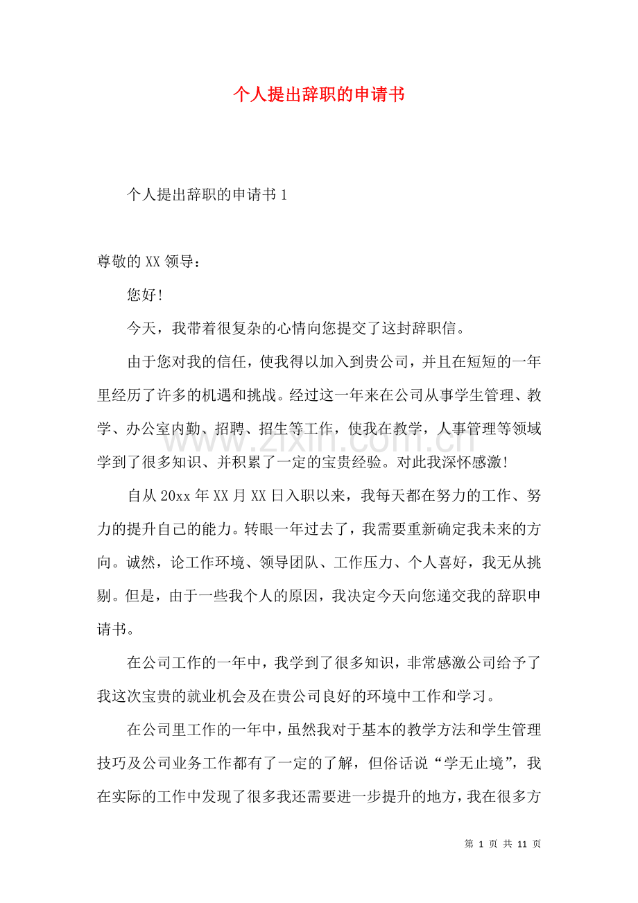 个人提出辞职的申请书.docx_第1页