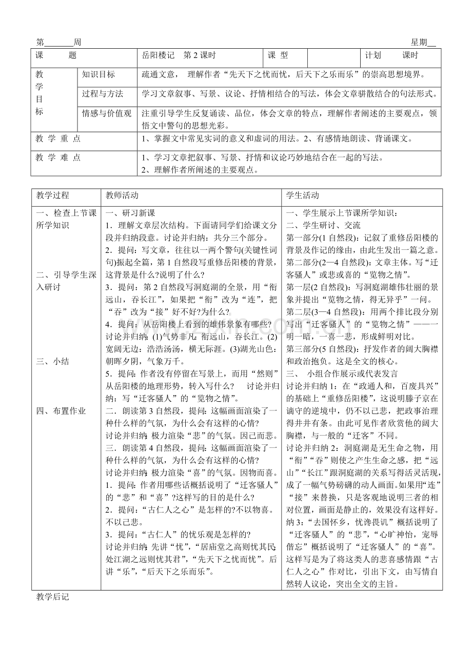 苏教版九年级上册《岳阳楼记》表格教案.doc_第2页