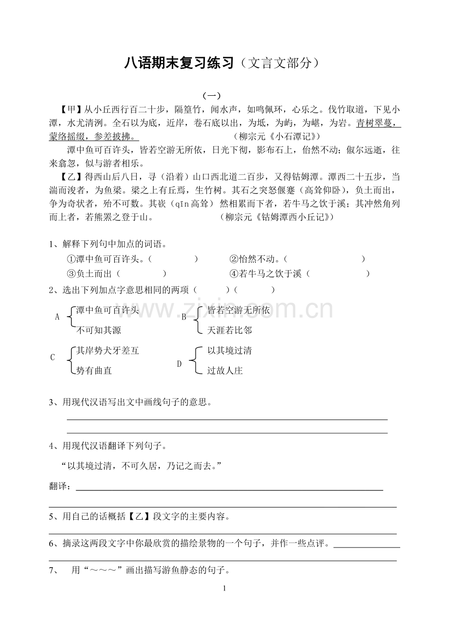 八语期末复习练习（文言文）.doc_第1页
