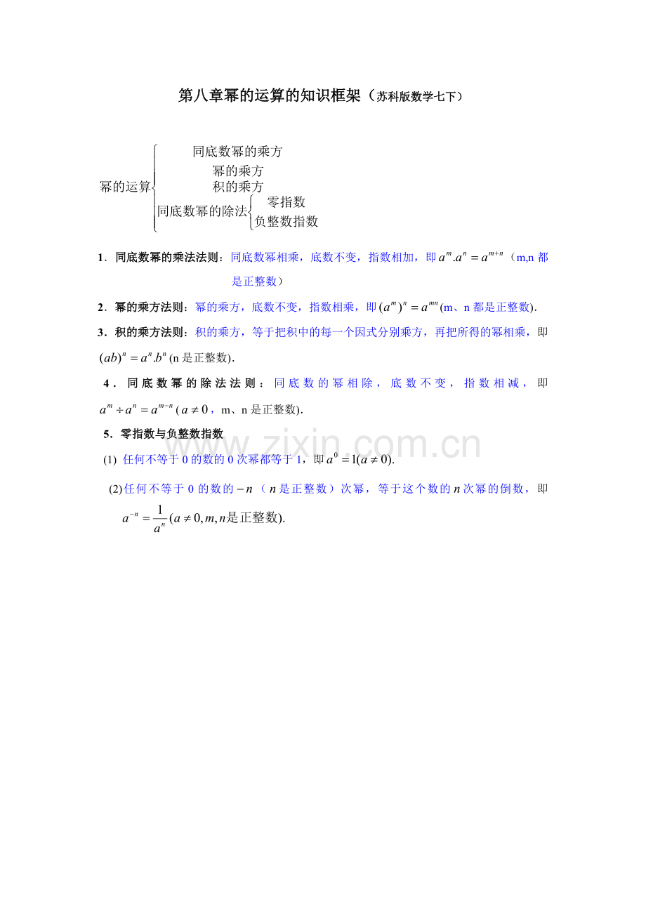 苏科版数学七下第八章幂的运算的知识框架.doc_第1页