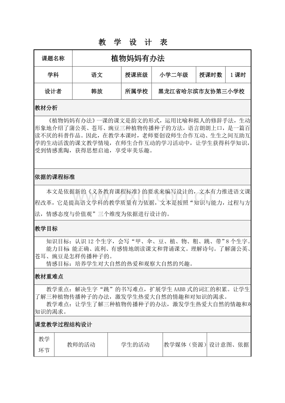 植物妈妈有办法课堂教学设计表——哈尔滨市友协第三小学校韩放.doc_第1页