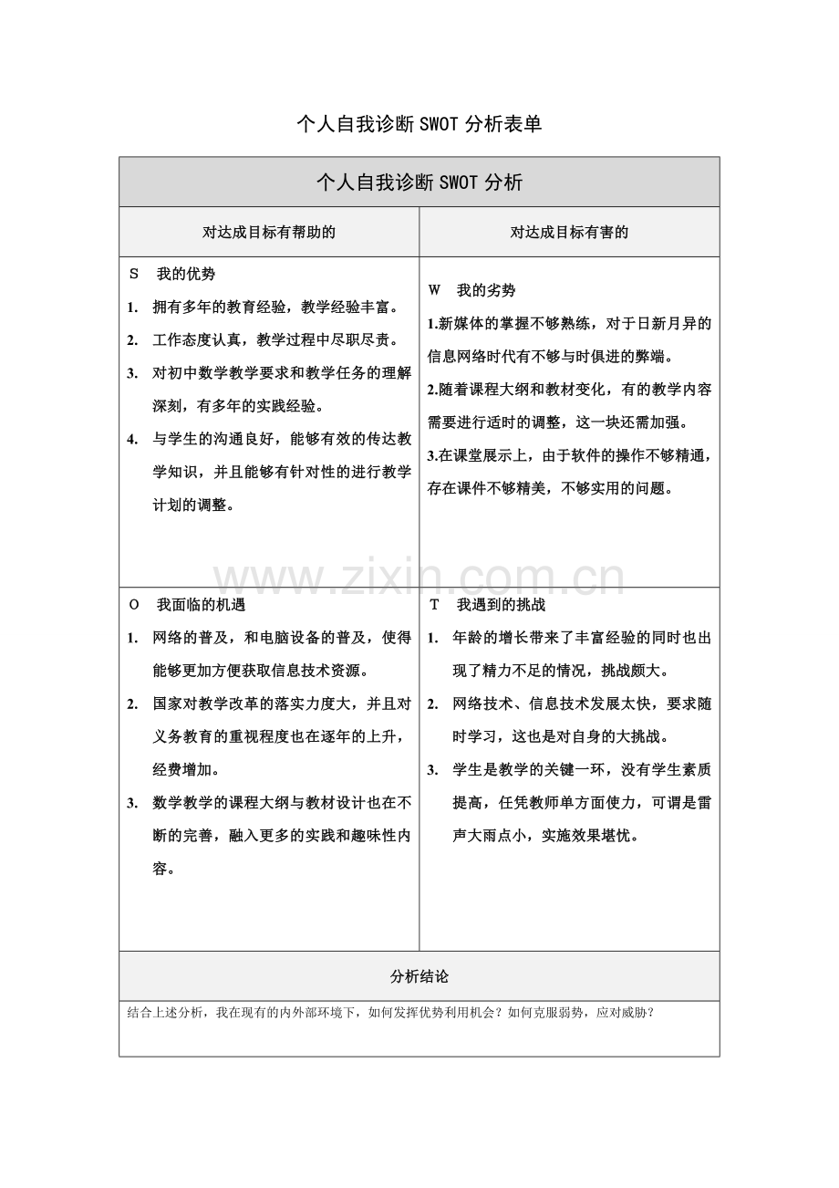个人自我判断SWOT分析表-王红萍_.doc_第1页