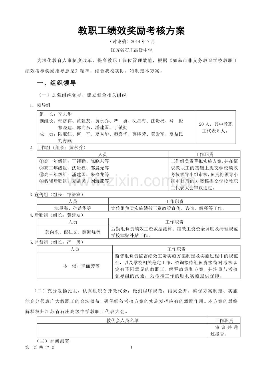 石庄中学教职工绩效奖励考核方案（讨论稿）.doc_第1页