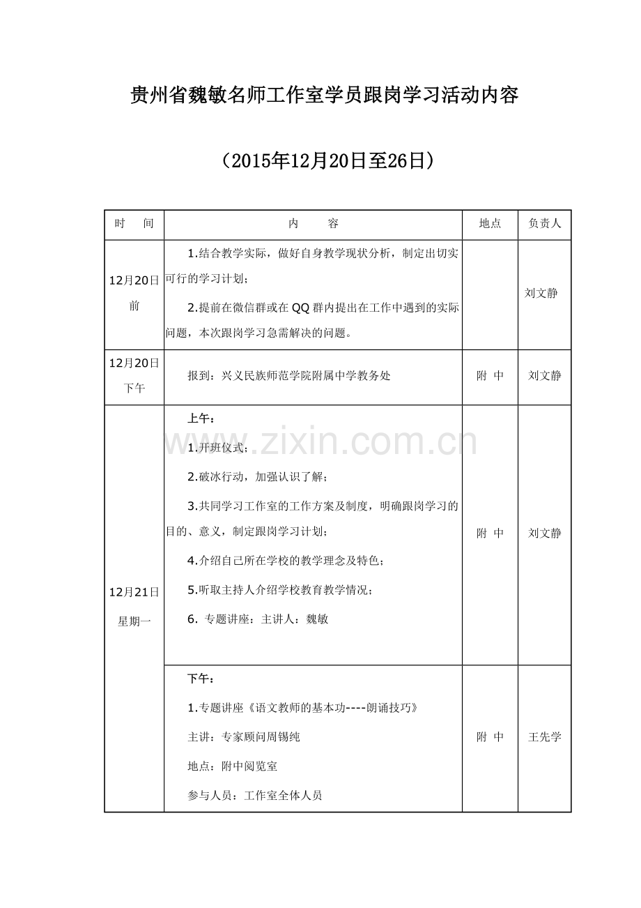 贵州省魏敏名师工作室学员跟岗学习活动一览表.doc_第1页