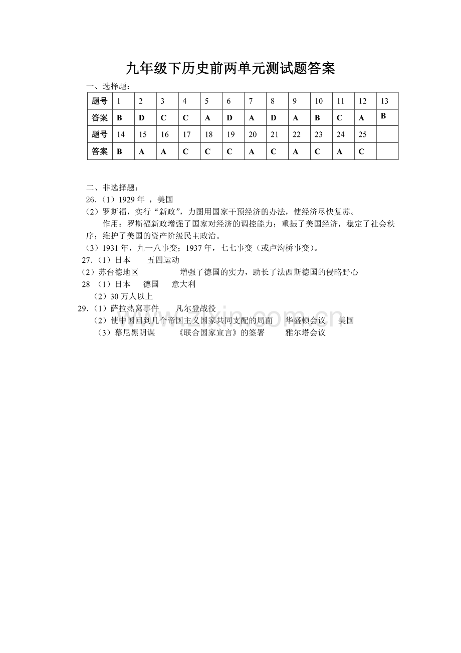 九年级历史下册前两单元测试答案.doc_第1页