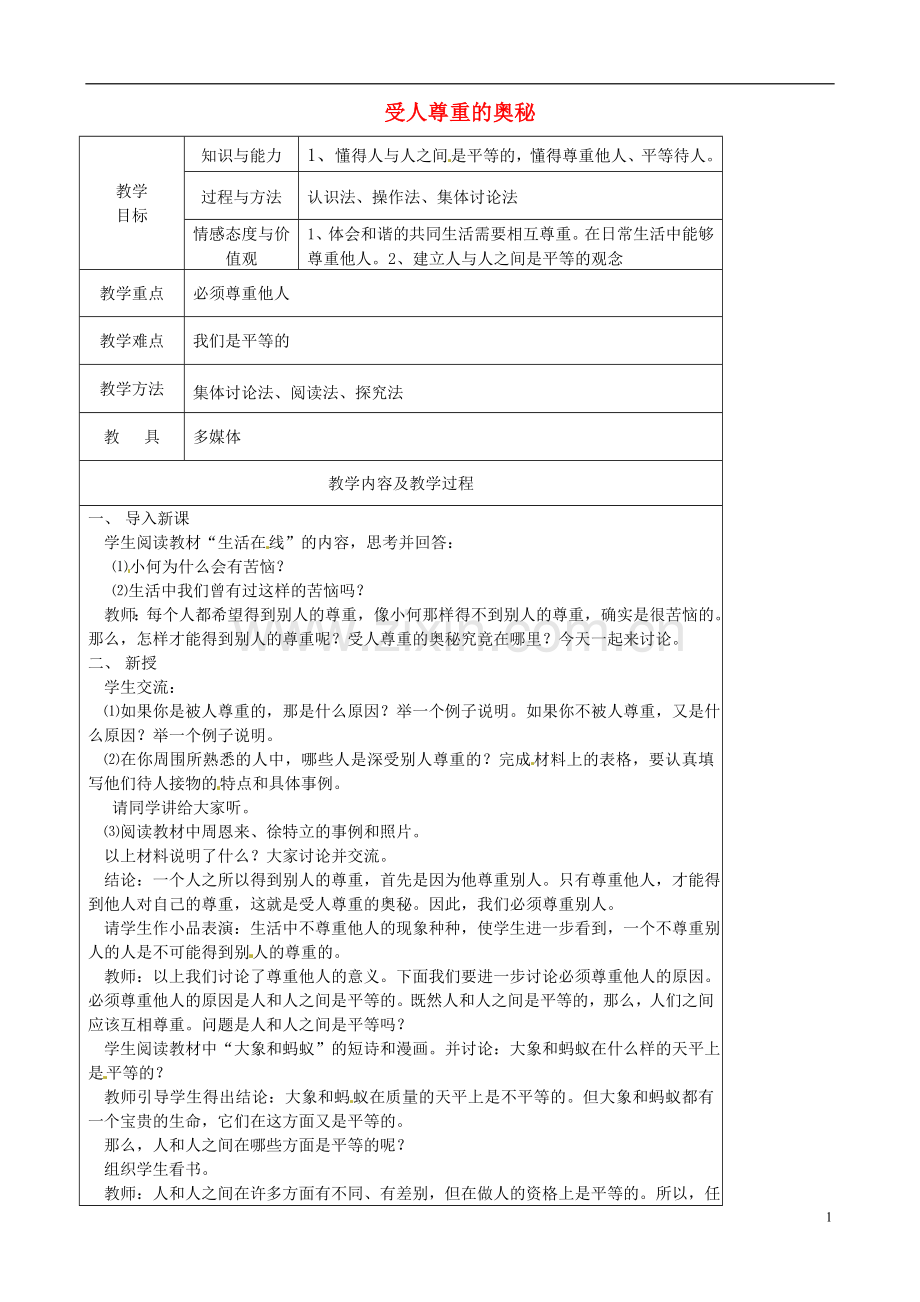 江苏省太仓市第二中学七年级政治上册《第五课第一框受人尊重的奥秘》教案苏教版.doc_第1页