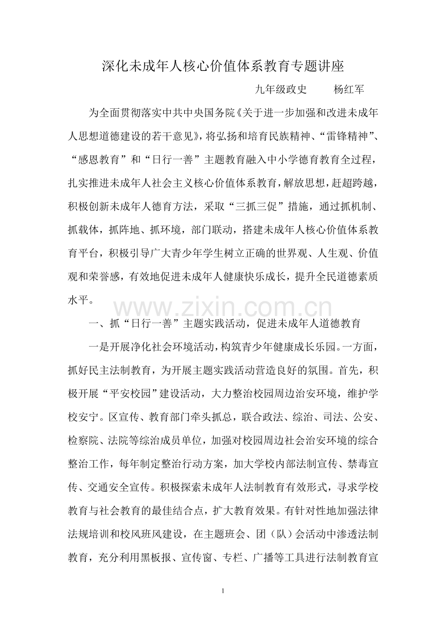 深化未成年人核心价值体系教育专题讲座（杨红军）.doc_第1页
