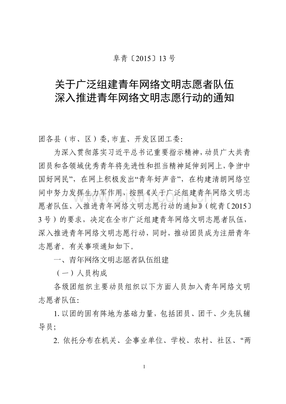 关于广泛组建青年网宣文明志愿者队伍的通知.doc_第1页