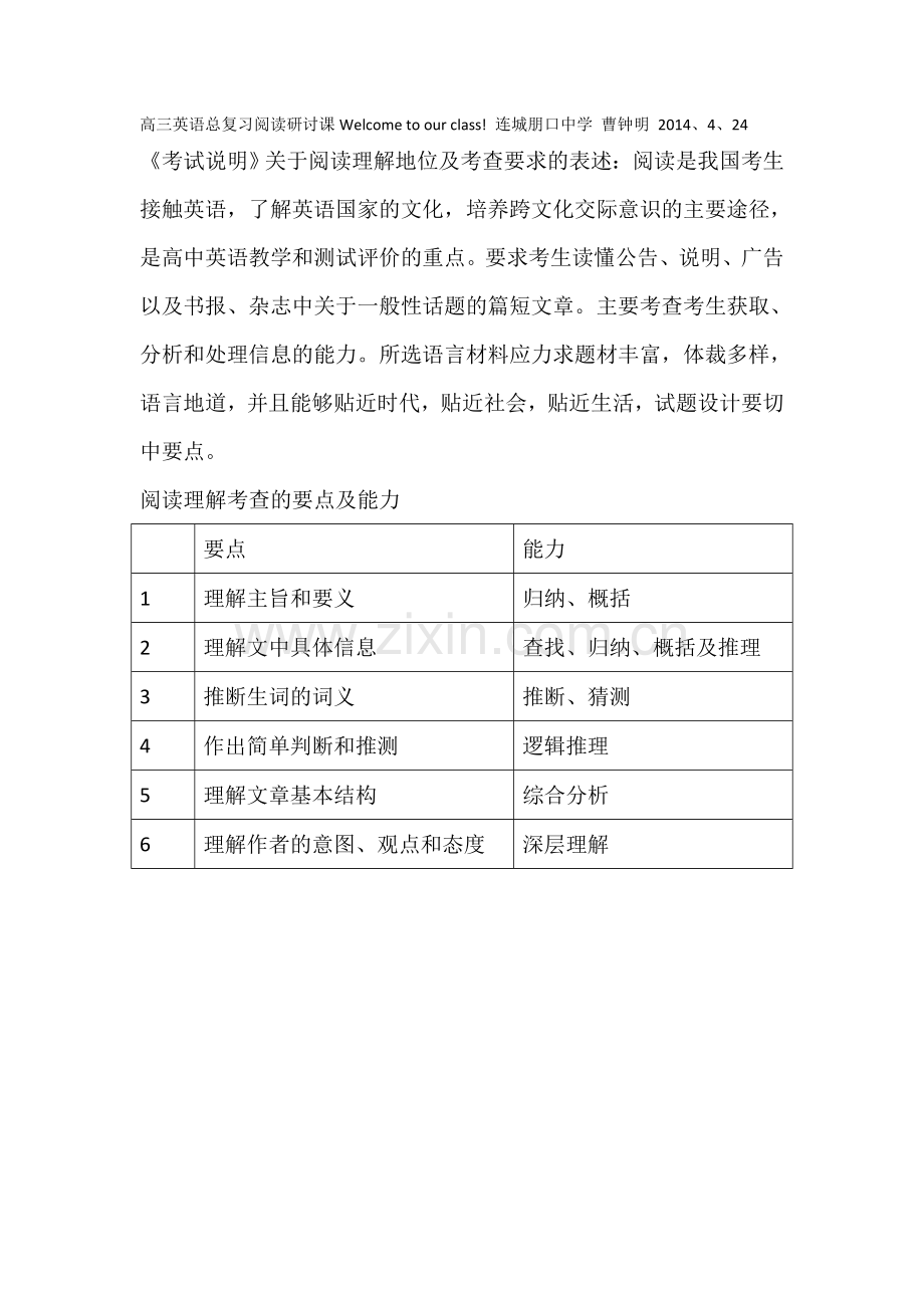 高三英语总复习阅读研讨课Welcometoourclass.doc_第1页