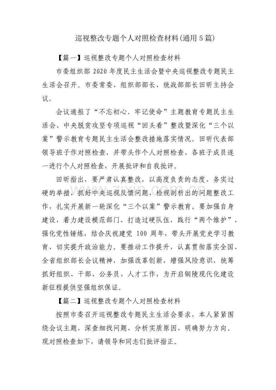 巡视整改专题个人对照检查材料(通用5篇).pdf_第1页