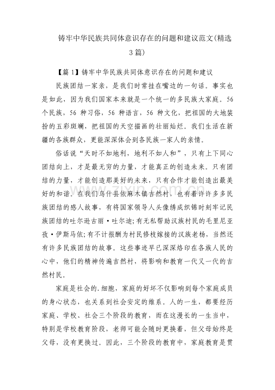 铸牢中华民族共同体意识存在的问题和建议范文(3篇).pdf_第1页