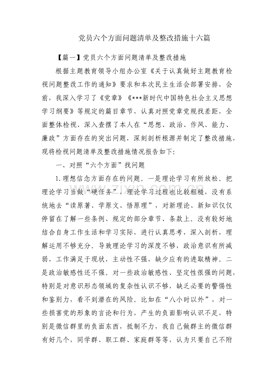 党员六个方面问题清单及整改措施十六篇.pdf_第1页