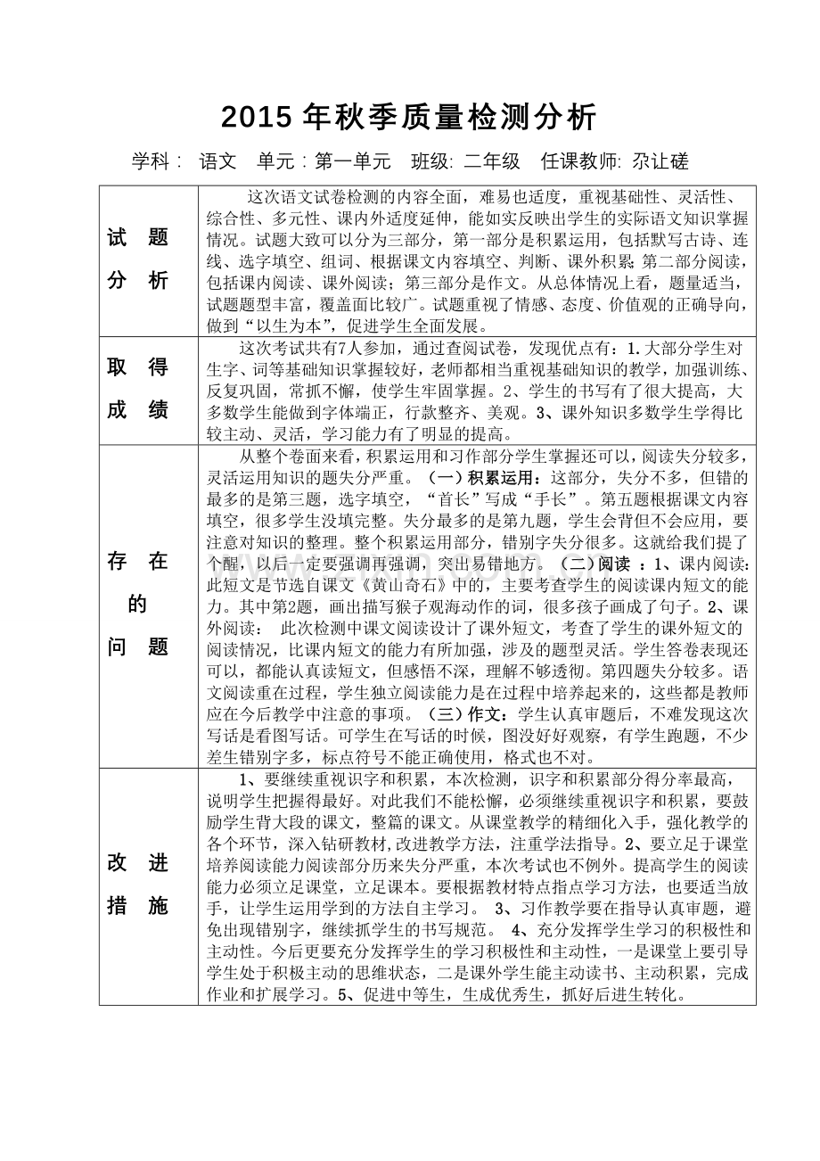 二年级语文一单元试卷分析.doc_第1页