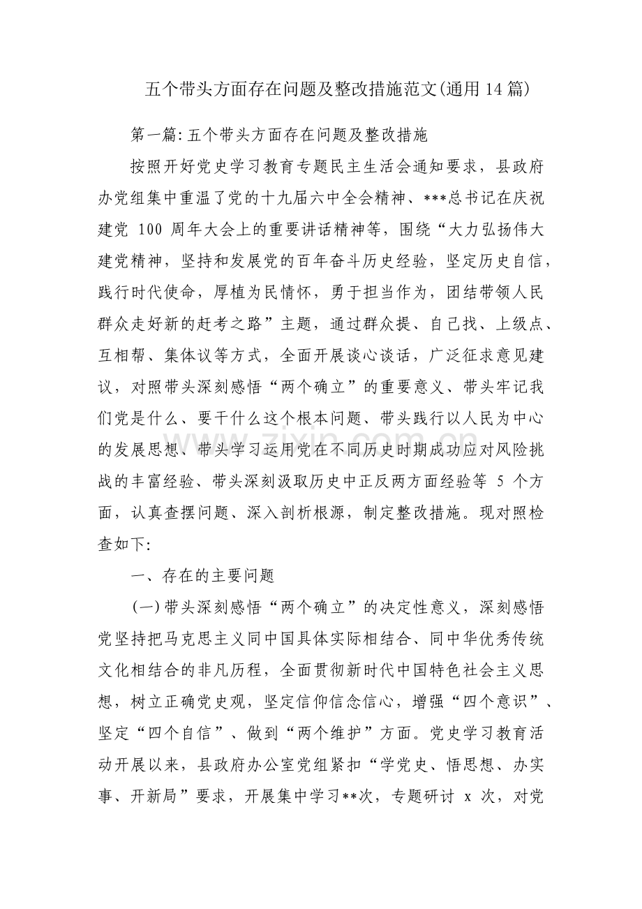 五个带头方面存在问题及整改措施范文(通用14篇).pdf_第1页
