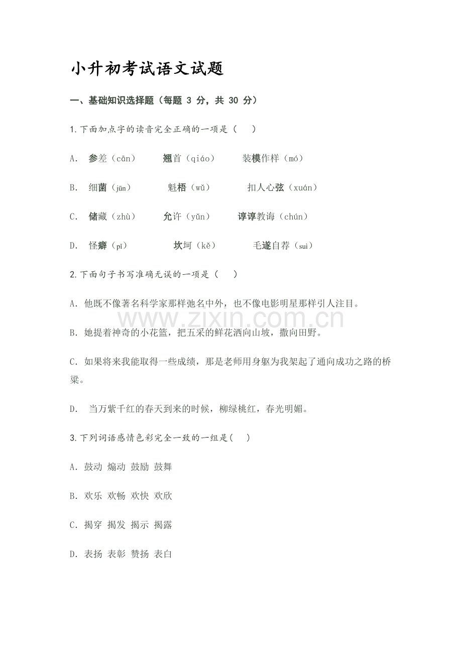 小升初考试语文试题.doc_第1页