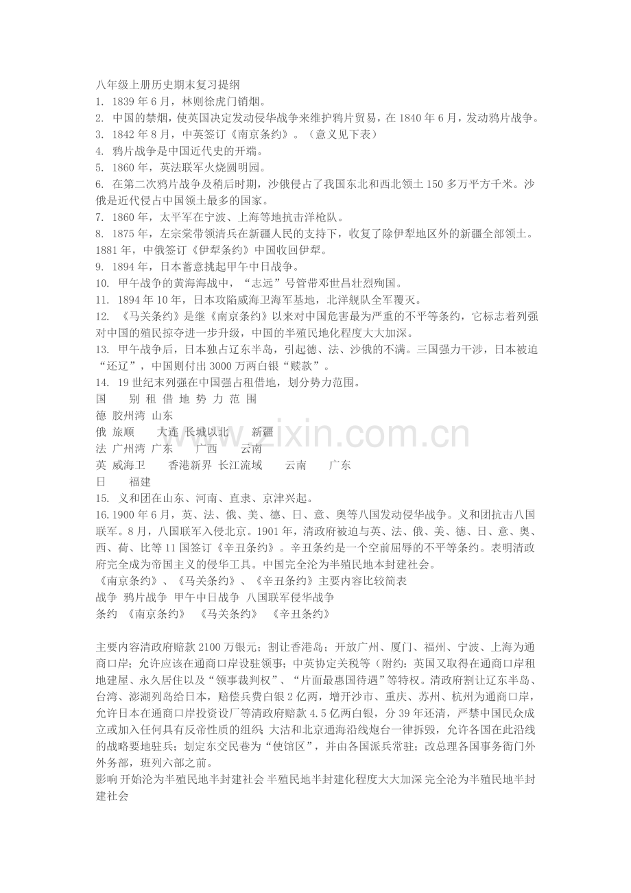 八年级上册历史期末复习提纲.docx_第1页