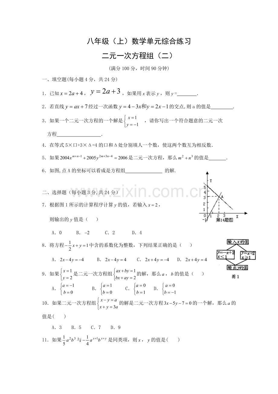 八年级上数学二元一次方程组综合练习.doc_第1页