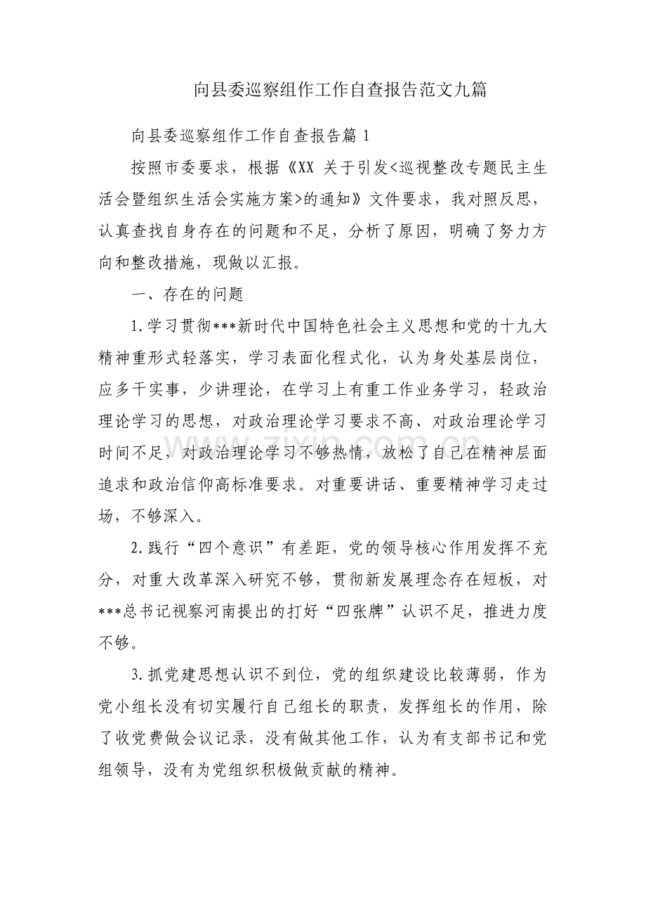 向县委巡察组作工作自查报告范文九篇.pdf_第1页