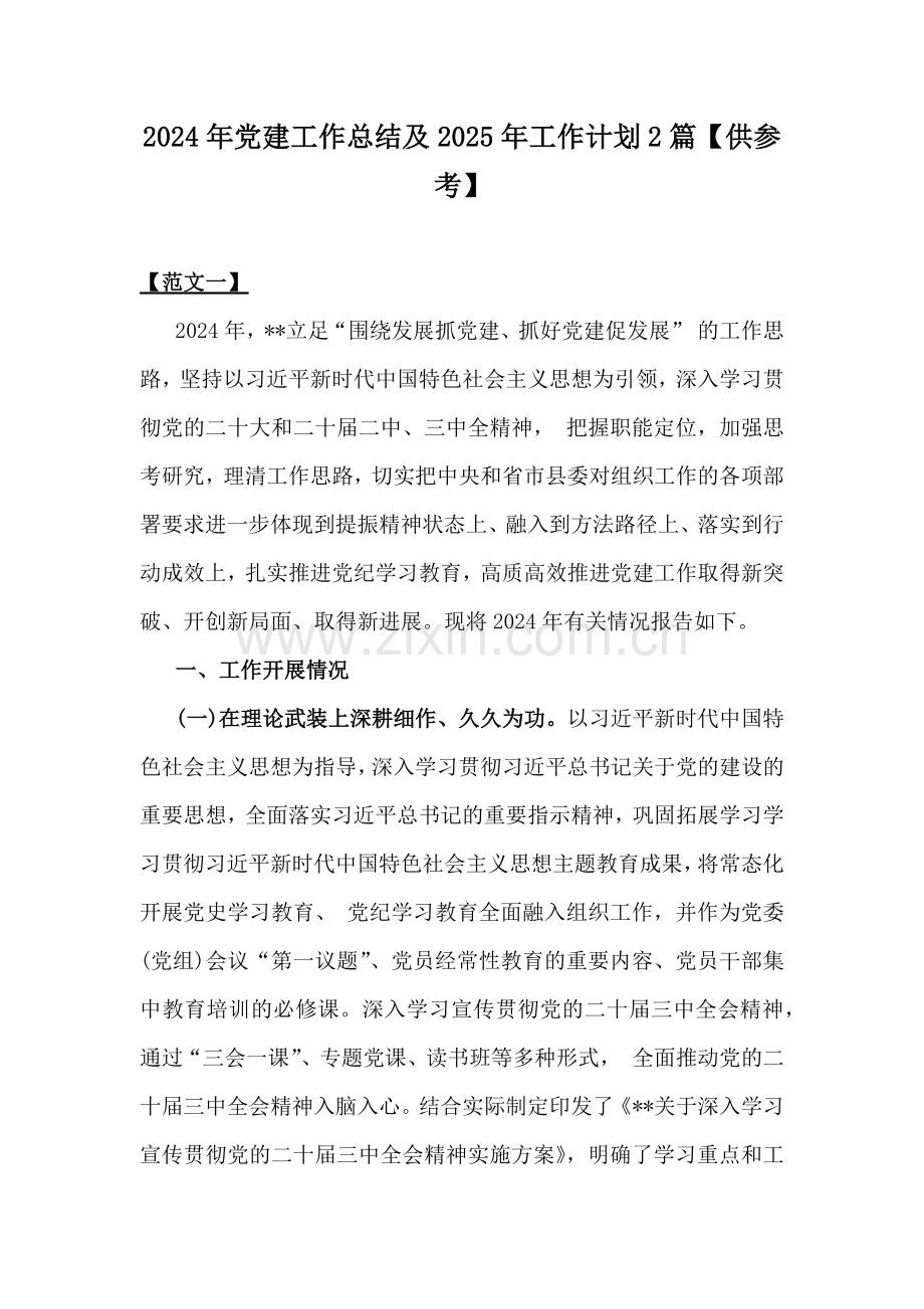 2024年党建工作总结及2025年工作计划2篇【供参考】.docx_第1页