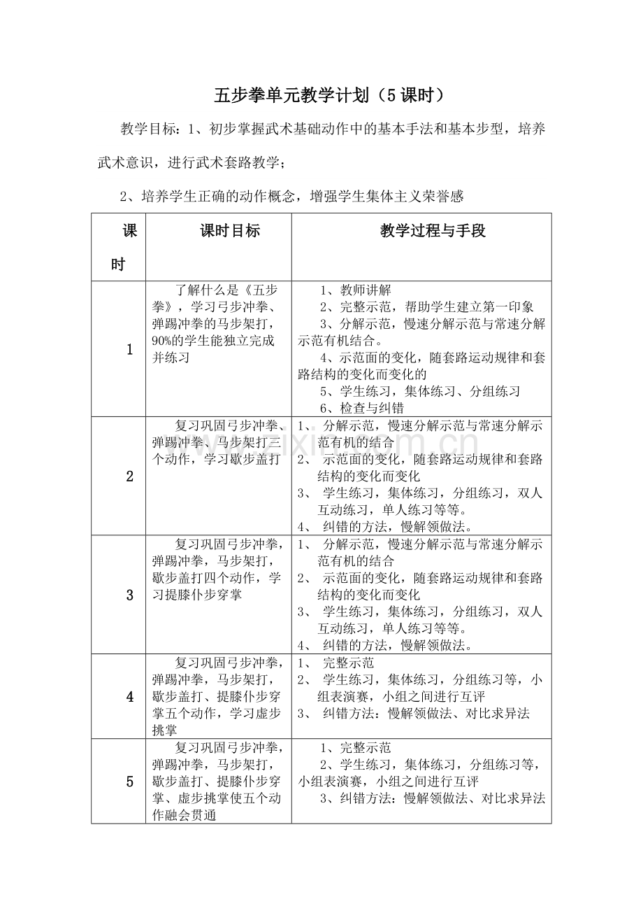 五步拳单元教学计划.doc_第1页