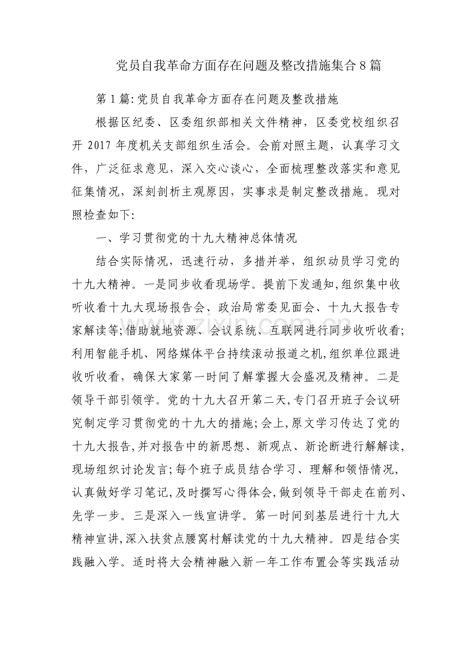 党员自我革命方面存在问题及整改措施集合8篇.pdf_第1页