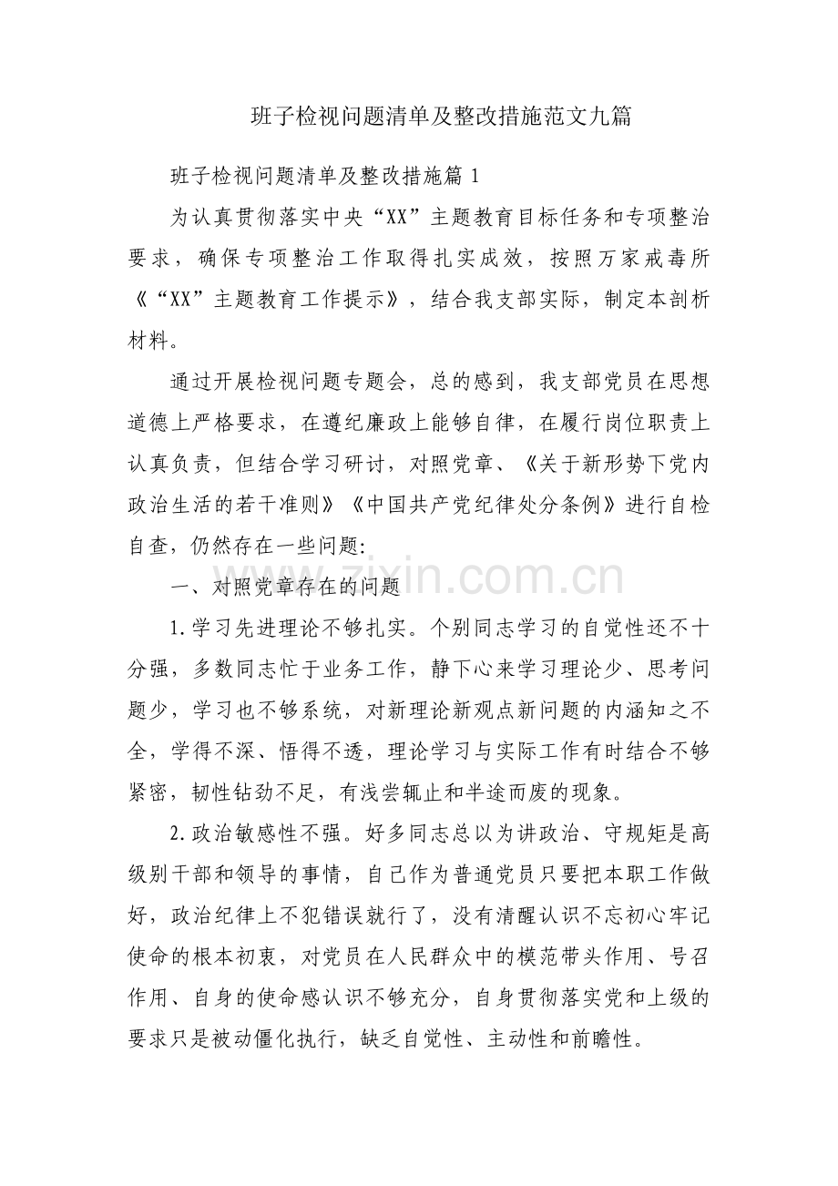 班子检视问题清单及整改措施范文九篇.pdf_第1页