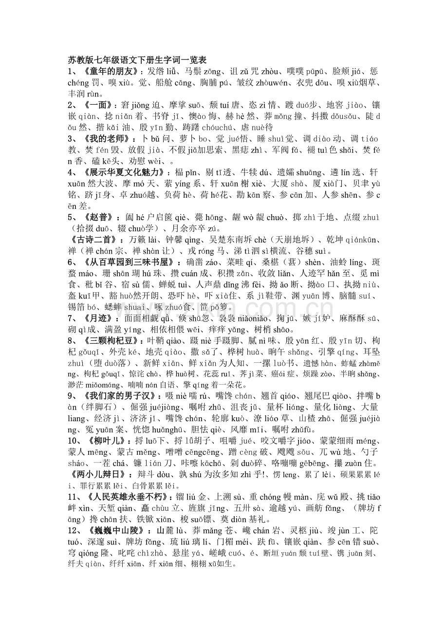 苏教版七年级语文下册生字词一览表.doc_第1页