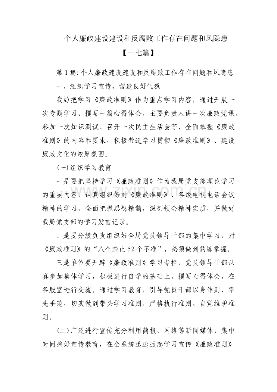 个人廉政建设建设和反腐败工作存在问题和风隐患【十七篇】.pdf_第1页