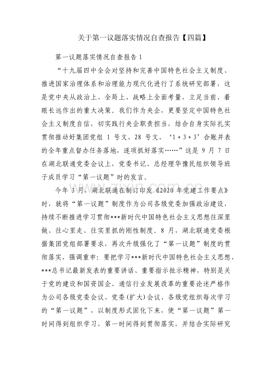 关于第一议题落实情况自查报告【四篇】.pdf_第1页