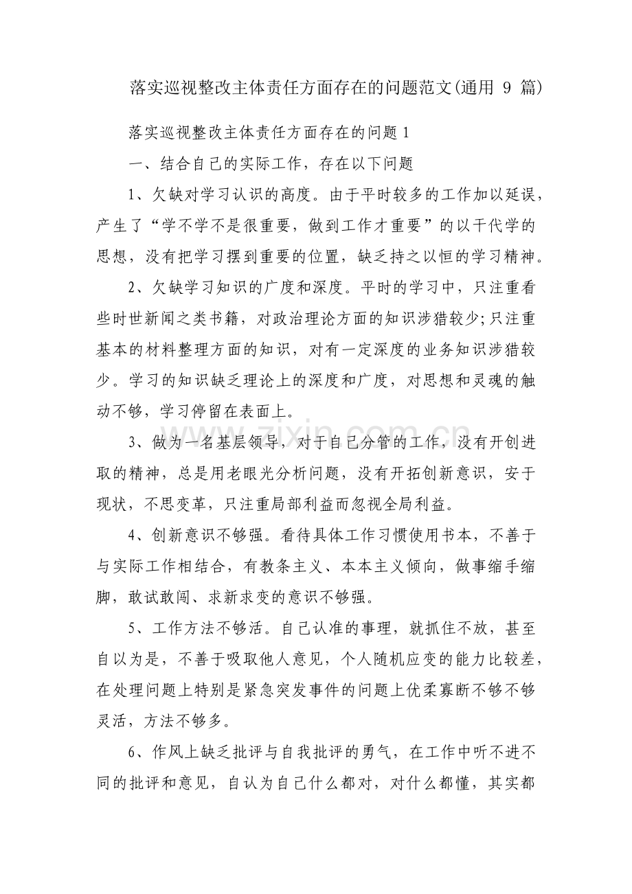 落实巡视整改主体责任方面存在的问题范文(通用9篇).pdf_第1页