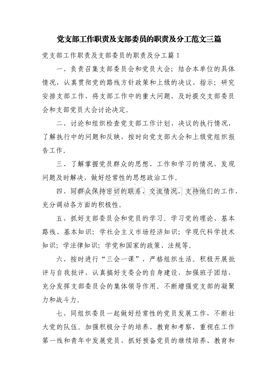 党支部工作职责及支部委员的职责及分工范文三篇.pdf_第1页