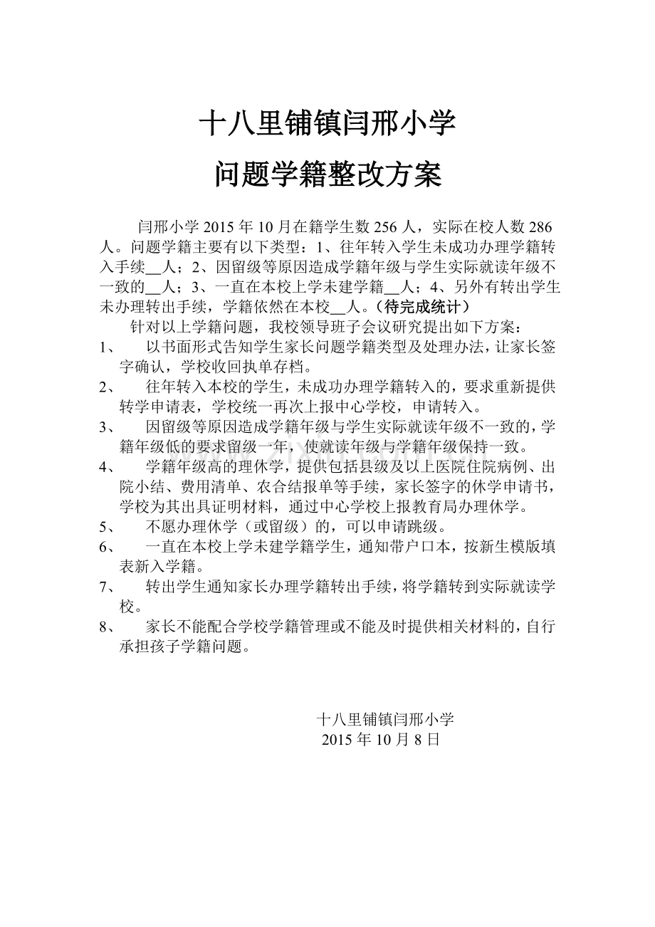 十八里铺镇闫邢小学问题学籍整改方案.doc_第1页