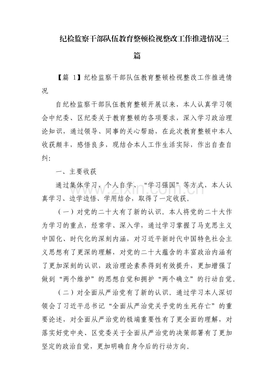 纪检监察干部队伍教育整顿检视整改工作推进情况三篇.pdf_第1页