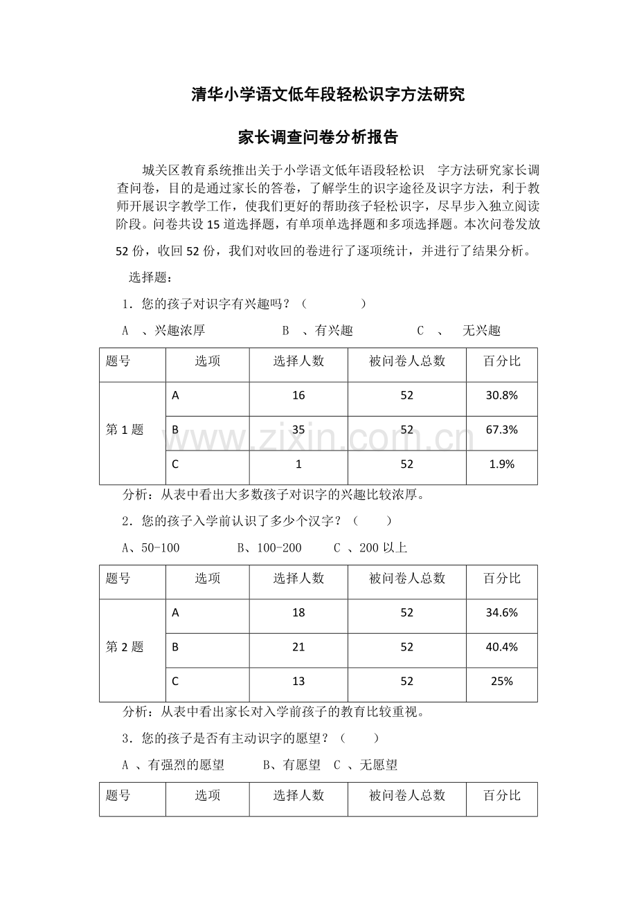 一年级识字情况问卷分析报告.docx_第1页