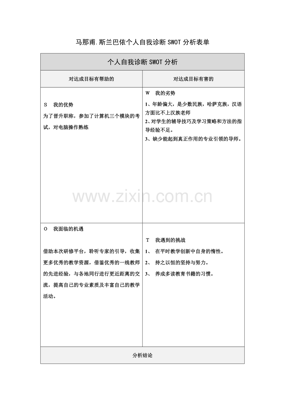 马那甫斯兰巴依个人自我分析SWOT表.doc_第1页