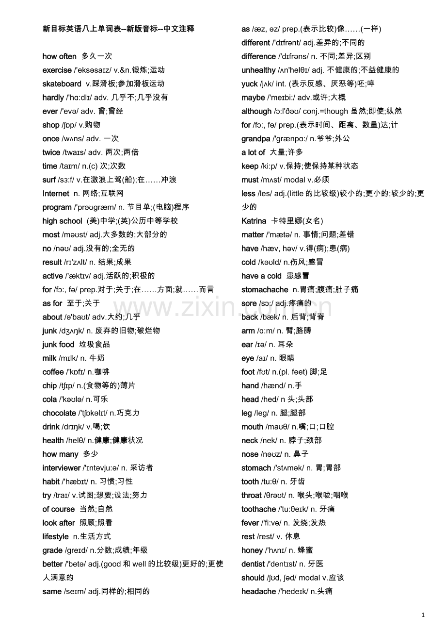 新目标英语八年级上单词表(单词-新版音标-词类-中文注释-Lucida-Sans字体).doc_第1页