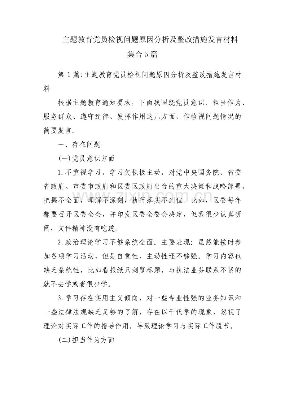 主题教育党员检视问题原因分析及整改措施发言材料集合5篇.pdf_第1页
