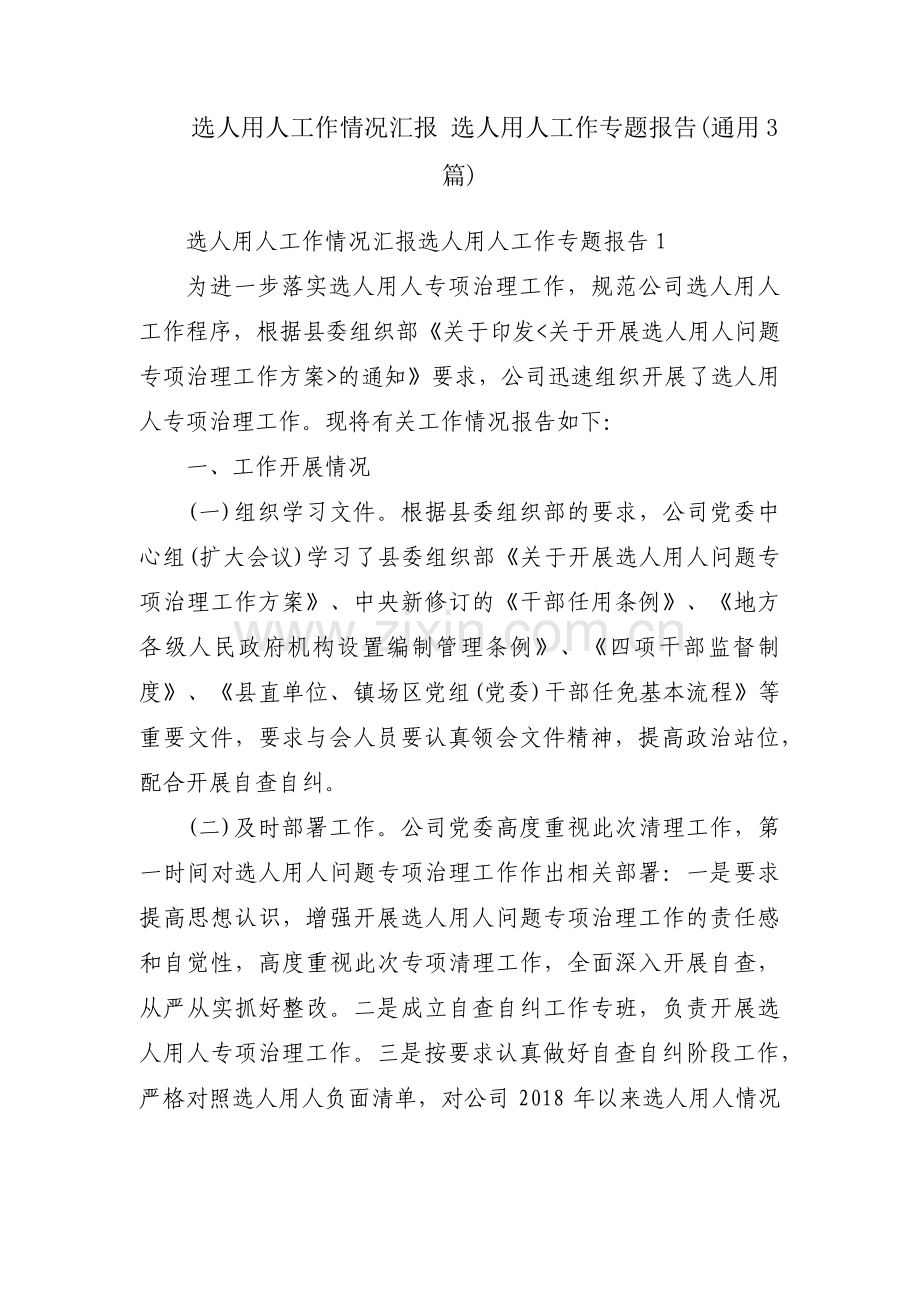 选人用人工作情况汇报 选人用人工作专题报告(通用3篇).pdf_第1页