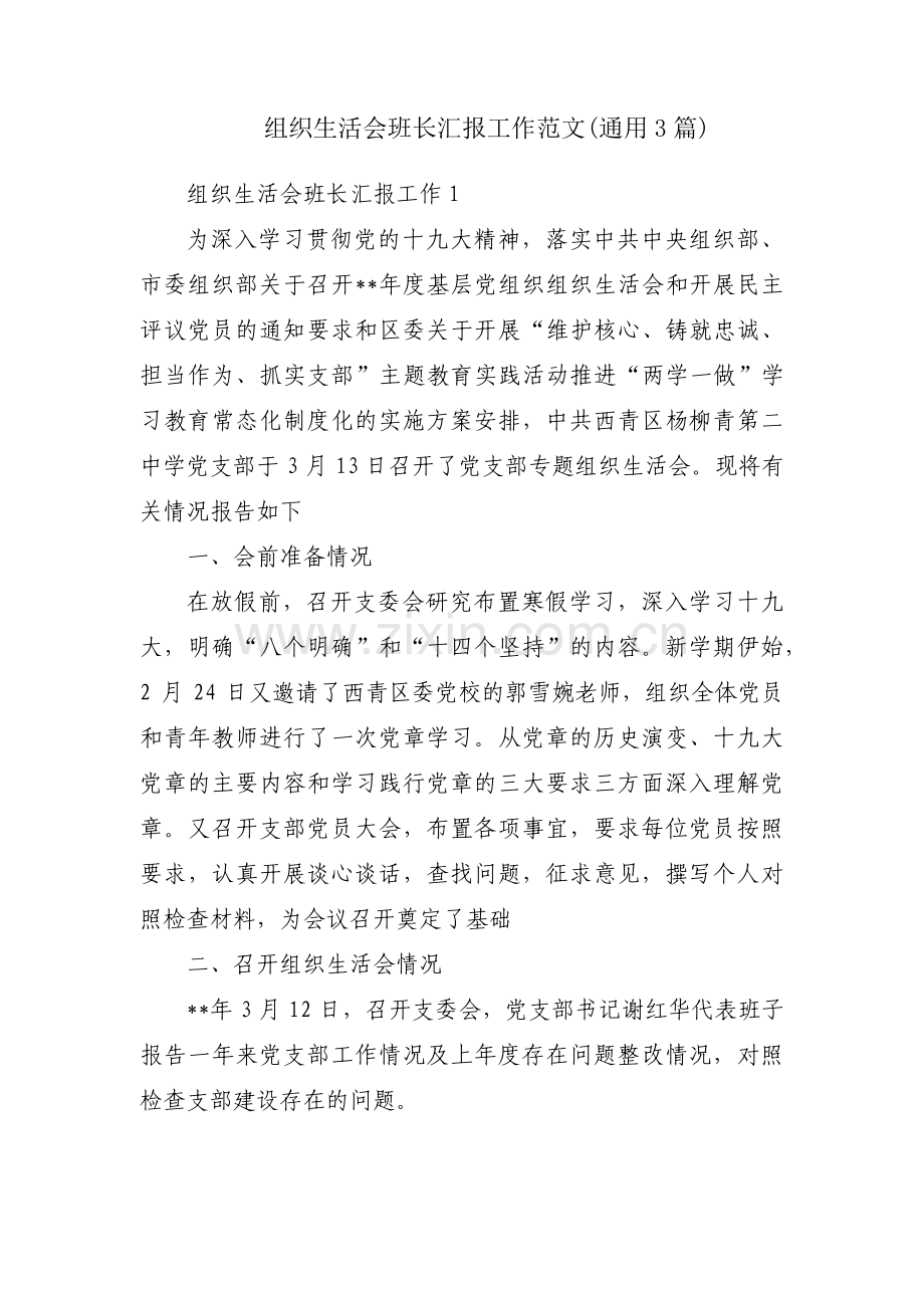 组织生活会班长汇报工作范文(通用3篇).pdf_第1页