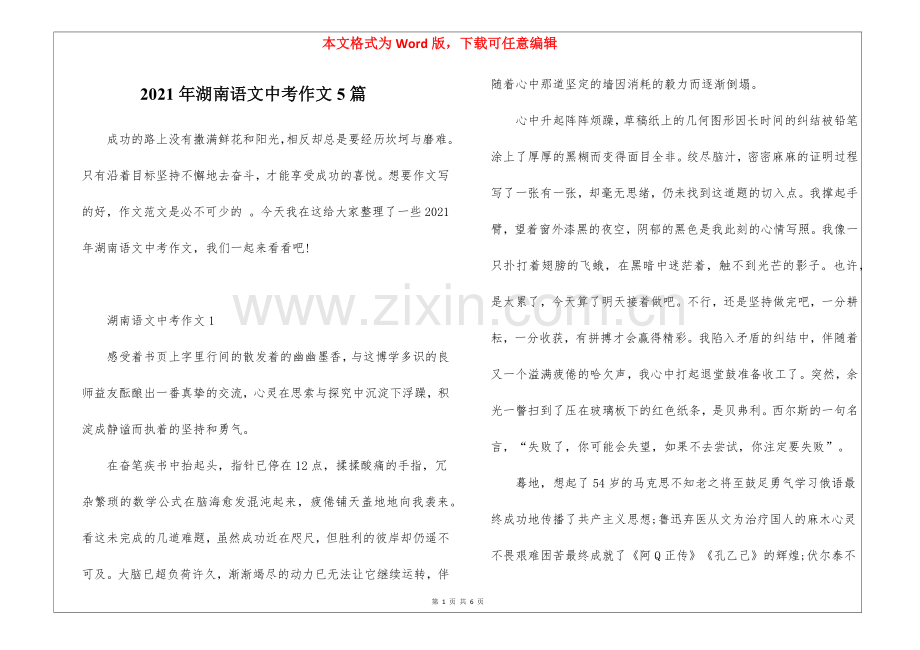 2021年湖南语文中考作文5篇.docx_第1页
