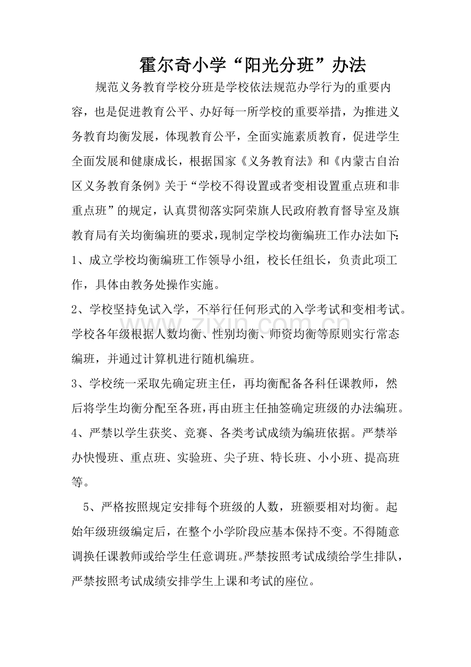 霍尔奇小学阳光分班办法.docx_第1页