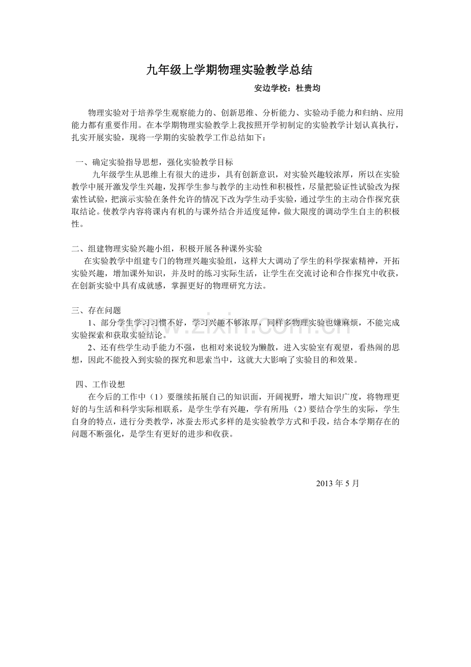 九年级上学期物理实验教学总结.doc_第1页